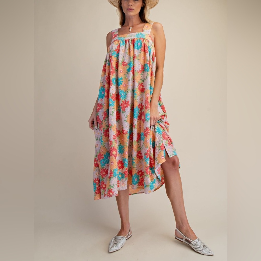 Floral Square-Neck Maxi Dress in Peach with Turquoise & Coral